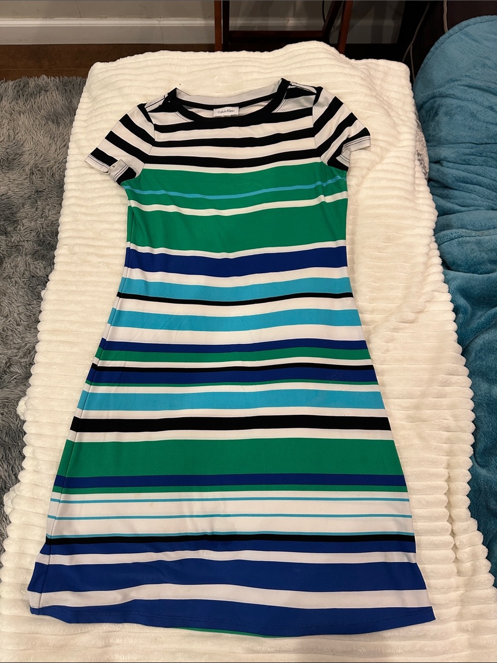 Striped Short Sleeve Shift Dress - Green, Blue, Black, White